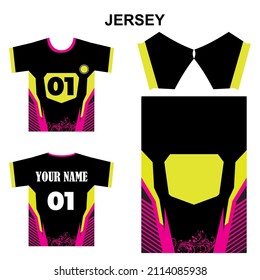 sports jersey uniform print template, black, decorated with several colors