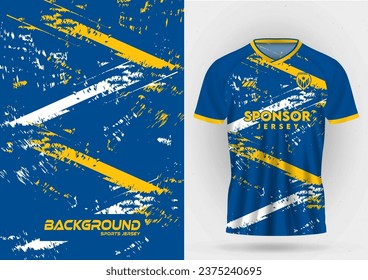 Sports jerseys are designed in blue and yellow tones with abstract modern template patterns, sporty casual style cycling running basketball marathon soccer football.