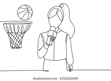 A sports journalist is reporting in front of a basketball hoop. World Sports Journalists Day. One line drawing for different uses. Vector illustration.