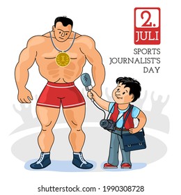 Sports Journalist's Day. A journalist interviews a champion athlete. Congratulations on the holiday. Funny vector illustration in the cartoon style.
