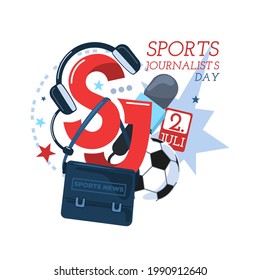 Sports Journalist's Day. Vector composition of sports journalist attributes around the letters "S end J". Illustration isolated on a white background for cards, banners, web greetings.