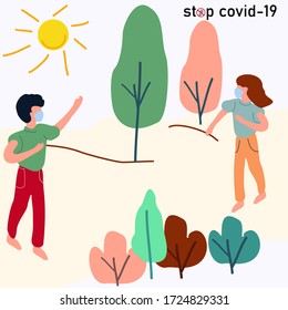 sports, keep a social distance and bask in the sun. keep away from covid-19. covid-19 theme