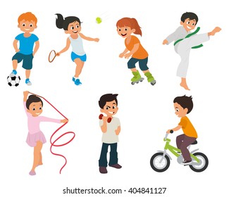 sports kids are doing in different kinds of sports: karate, roller skates, gymnastics, tennis, fitness, soccer, cycling, weightlifting. vector