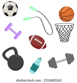 Sports kit balls, rope, kettlebell, water bottle, dumbbells. Vector.	
