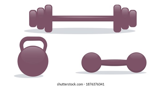 The sports kit is isolated on a white background. Metal kettlebell, barbell and dumbbells for sports and body swing. Vector illustration.