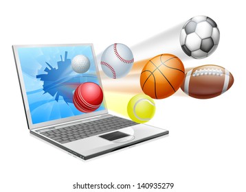 Sports laptop app concept, an illustration of a laptop computer with sports balls flying out of the screen