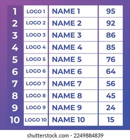 sports league table. score table. team standings. vector illustration.