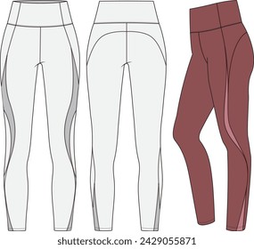 Legging deportivo para mujer, ilustración vectorial de boceto plano de moda, CAD, dibujo técnico, dibujo plano, plantilla, maqueta.