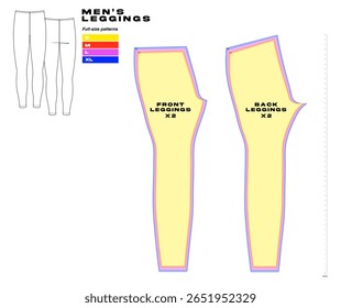 Padrão de leggings esportivas masculinas. Modelo técnico de tamanho normal nos tamanhos S, M, L, XL. Perfeito para costura, design de roupas ativas e confecção de roupas funcionais.