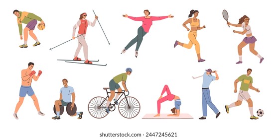 Sports and leisure activities, isolated set. Vector Basketball and skiing, gymnastics or figure skating, jogging and tennis, boxing, and weightlifting. Cycling and yoga, golf and soccer