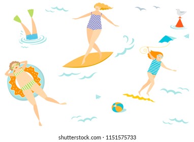 Sports and leisure creative concept. Relaxing people silhoettes icons. Holidays and sport vector seamless pattern.