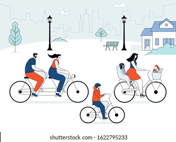 Sports and leisure outdoor activity. Cute family riding bicycles. Mom, dad and children on bikes at park. Parents and kids cycling together. Line vector illustration in flat cartoon style.