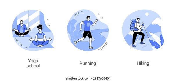 Sports lifestyle abstract concept vector illustration set. Yoga school, running and hiking, fitness studio, meditation practice, morning jogging, mountain climbing, trekking trail abstract metaphor.