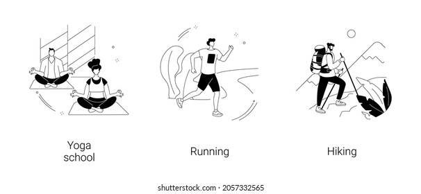 Sports lifestyle abstract concept vector illustration set. Yoga school, running and hiking, fitness studio, meditation practice, morning jogging, mountain climbing, trekking trail abstract metaphor.