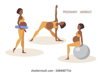 Sports lifestyle during pregnancy. Exercises with fitball, yoga for pregnant women. Pregnant African American woman in sportswear makes Exercises Women healthy life style concept. Prenatal Exercises