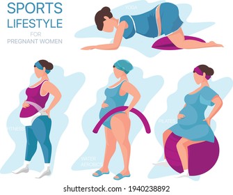 Sports lifestyle for pregnant women: yoga, pilates, fitness,water aerobics. Design concept flat vector illustration