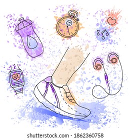 Sports lifestyle. Vector poster of a running man in watercolor style. Accessories for running. Design element.