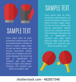Sports lifestyle vertical banners with space for text, vector illustration set in flat style. Boxing gloves and ping pong paddles on blue background. Outdoors activity.