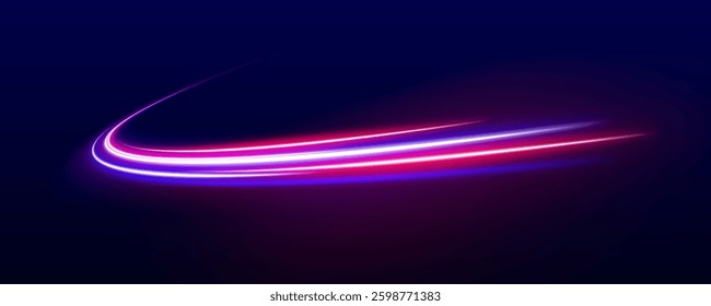 Sports light lines with neon effect in hay red and pink. Energy flow tunnel. Blue portal, platform. Vector speed of light in space on dark background.