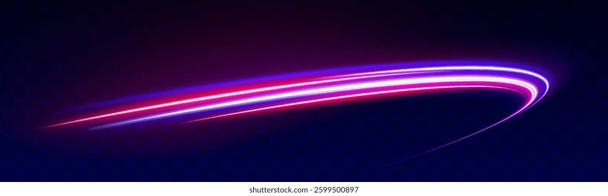 Sports light lines with neon effect in hay red and pink. Energy flow tunnel. Blue portal, platform. Vector speed of light in space on dark background.