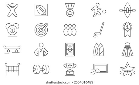 Sports line icon set. Containing badge, trophy, includes barbell, football, swimming, gymnastics,  football, basketball,  table tennis, sparing, and cardio line icon set. UI thin line icon pack.