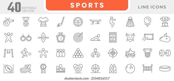 Sports line icon set. Containing badge, trophy, includes barbell, football, swimming, gymnastics,  football, basketball,  table tennis, sparing, and cardio line icon set. UI thin line icon pack.