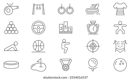 Sports line icon set. Containing badge, trophy, includes barbell, football, swimming, gymnastics,  football, basketball,  table tennis, sparing, and cardio line icon set. UI thin line icon pack.