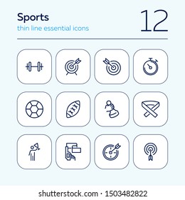 Sports line icon set. Darts, stopwatch, football, winner. Sport concept. Can be used for topics like competition, contest, play, game