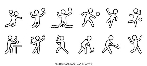 Sports line icon set, Sports icons with ball, basketball, volleyball, beach volleyball, squash, handball, bowling, table tennis, badminton, baseball, gateball, cricket and softball vector icon set.