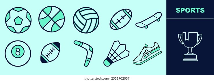 Conjunto de iconos de Sports LINE para logotipo y trabajo digital. Rugby, fútbol, baloncesto, fútbol americano, monopatín, boomerang, zapatillas. Elementos editables, tamaño y color.