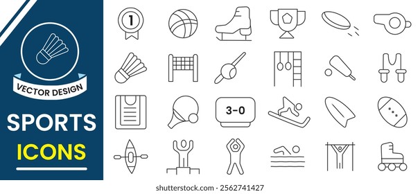 Sports line icon sign and symbols. Sports Editable line Icon, vector set. Vector illustration of fitness icon, football, cricket, golf, tennis, swimming, tennis, chess icon. Vector illustration.