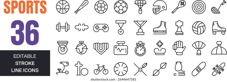 Sports line icons featuring equipment and activities for fitness