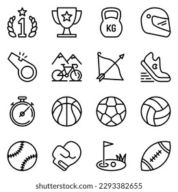 Sports line icons set. baseball, finish, golf, medal, boxing, basketball, race, award, champion, soccer, football, running, helmet, gym, team, trophy