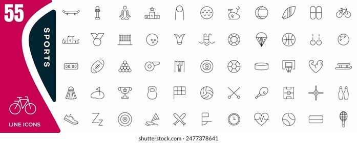 Sports line icons set. Fitness and sport, Hobbies and activities line icons collection. Traveling, sports activities, nutrition, entertainment, personal development, daily routine outline icon pack