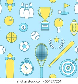 Sports line seamless pattern. Colorful illustration with baseball, longboard and football