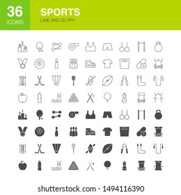 Sports Line Web Glyph Icons. Vector Illustration of Fitness Outline and Solid Symbols. 
