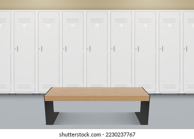 Sala de juegos gimnasio gimnasio interior gimnasio con banco de madera ilustración vectorial realista. Actividad pública entrenamiento de la construcción de cuerpos zona de vestidor de piscina con placar de puerta metálica cerrado