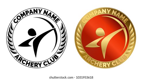 Sports logo for any archery club. Round sign with a dynamic swooshes in the shape of a bowman. Simple pictogram of archer aiming a stretched bow. Black stamp with a decor of leaves and gold red medal.