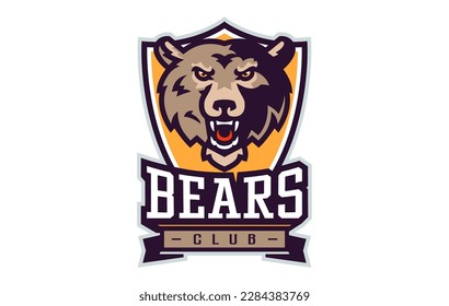 Sports logo with bear mascot. Colorful sport emblem with bear, grizzly mascot and bold font on shield background. Logo for esport team, athletic club, college team. Isolated vector illustration