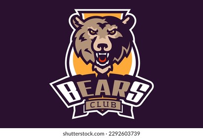 Sports logo with bear mascot. Colorful sport emblem with bear, grizzly mascot and bold font on shield background. Logo for esport team, athletic club, college team. Isolated vector illustration