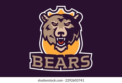 Sports logo with bear mascot. Colorful sport emblem with bear, grizzly mascot and bold font on shield background. Logo for esport team, athletic club, college team. Isolated vector illustration