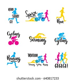 Sports logo with colored letters hand written on the topic of Cycling, swimming, running, triathlon