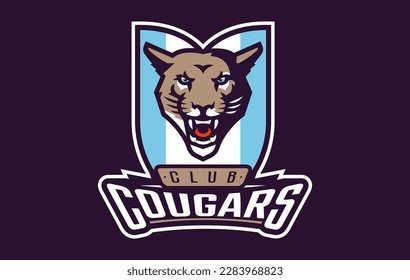 Sports logo with cougar mascot. Colorful sport emblem with cougar, puma mascot and bold font on shield background. Logo for esport team, athletic club, college team. Isolated vector illustration