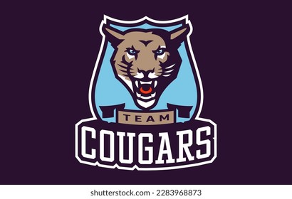 Sports logo with cougar mascot. Colorful sport emblem with cougar, puma mascot and bold font on shield background. Logo for esport team, athletic club, college team. Isolated vector illustration