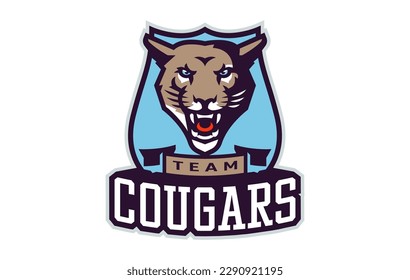 Sports logo with cougar mascot. Colorful sport emblem with cougar, puma mascot and bold font on shield background. Logo for esport team, athletic club, college team. Isolated vector illustration