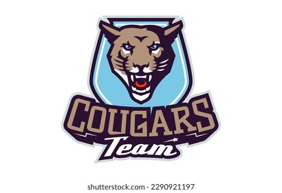 Sports logo with cougar mascot. Colorful sport emblem with cougar, puma mascot and bold font on shield background. Logo for esport team, athletic club, college team. Isolated vector illustration