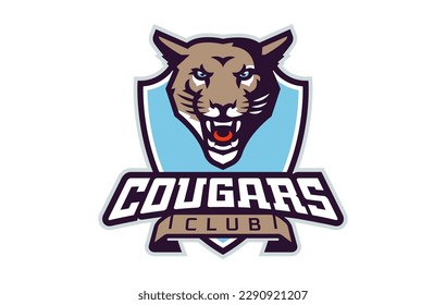 Sports logo with cougar mascot. Colorful sport emblem with cougar, puma mascot and bold font on shield background. Logo for esport team, athletic club, college team. Isolated vector illustration