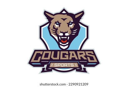 Sports logo with cougar mascot. Colorful sport emblem with cougar, puma mascot and bold font on shield background. Logo for esport team, athletic club, college team. Isolated vector illustration