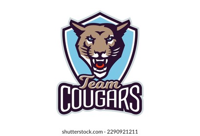 Sports logo with cougar mascot. Colorful sport emblem with cougar, puma mascot and bold font on shield background. Logo for esport team, athletic club, college team. Isolated vector illustration