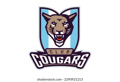 Sports logo with cougar mascot. Colorful sport emblem with cougar, puma mascot and bold font on shield background. Logo for esport team, athletic club, college team. Isolated vector illustration